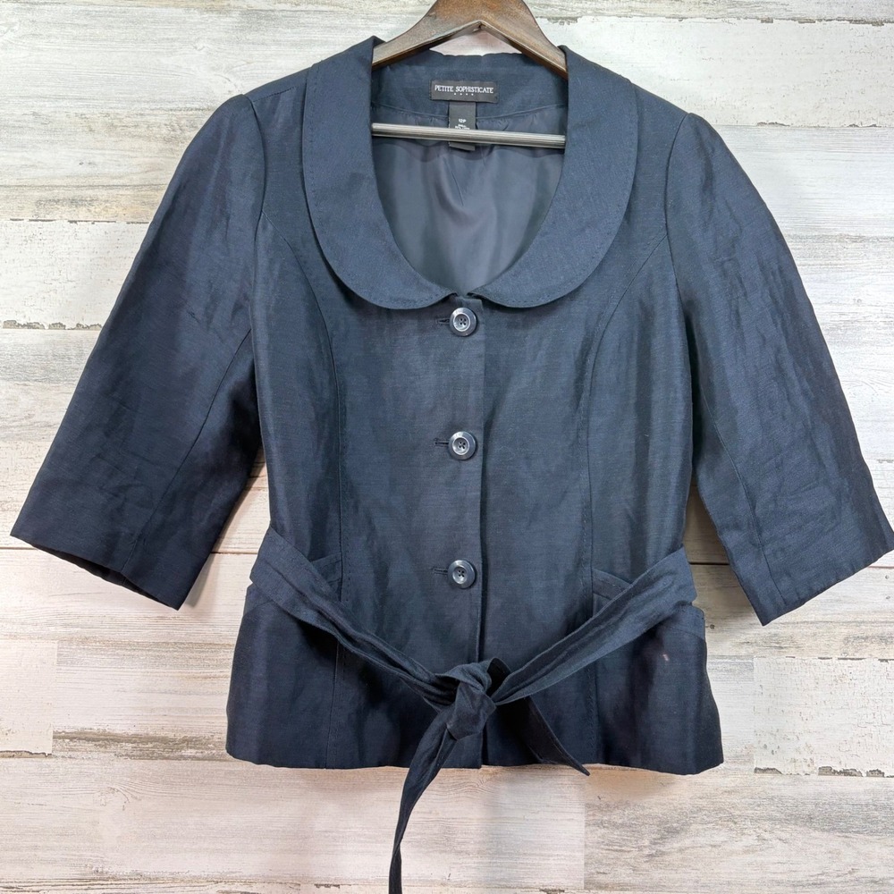 Petite Sophisticate Navy Blue Linen Blend Belted Blazer Peter Pan Collar 12P